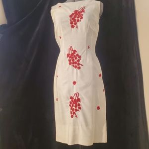 Vintage red & white embroidered flower linen dress